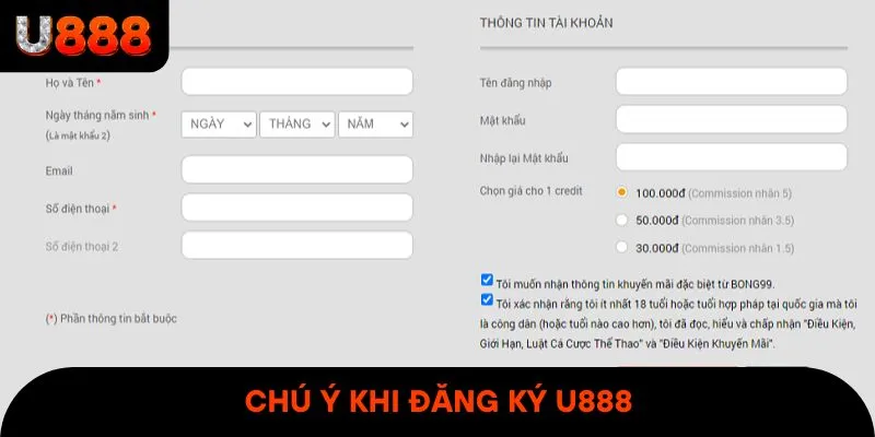Một vài lưu ý khi đăng ký U888